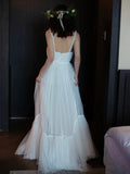 Long A-Line Boho Simple White Tulle Wedding Dress