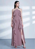 Composite Silk Halter Pink  Floor-length A-line Evening Dress
