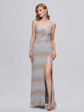 Gray Sequin V Neck Ombre Prom Dress With Slit