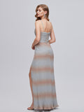 Gray Sequin V Neck Ombre Prom Dress With Slit