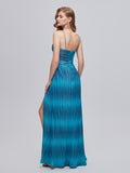 Blue Sequin V Neck A Line Pleats Prom Dress With Slit