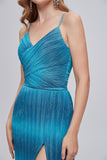 Blue Sequin V Neck A Line Pleats Prom Dress With Slit