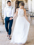Simple Jewel Long Lace Top Wedding Dress with Bow