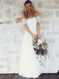 Short Sleeves Lace Boho Off-the-Shoulder Wedding Dress