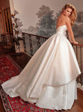 A-Line Strapless Bowknot White Satin Wedding Dress