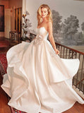 A-Line Strapless Bowknot White Satin Wedding Dress