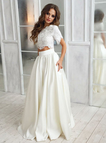 Two Piece Lace Short Sleeves Satin Wedding Dress