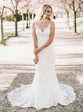 Mermaid V-Neck White Sleeveless White Lace Wedding Dress