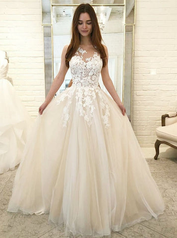 Champagne Tulle A-Line Round Neck Wedding Dress with Appliques