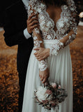 A-Line V-Neck Long Sleeve Appliques Flowers Chiffon Wedding Dress