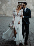 A-Line V-Neck Long Sleeve Appliques Flowers Chiffon Wedding Dress