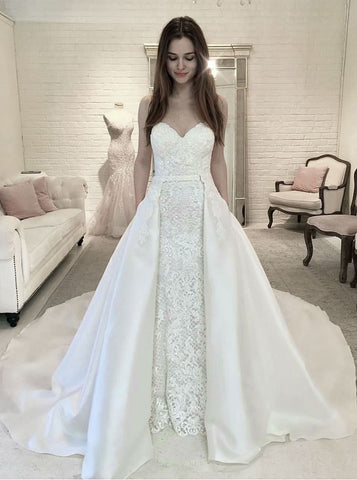  Appliques Sheath Sweetheart Detachable Train Lace Wedding Dress
