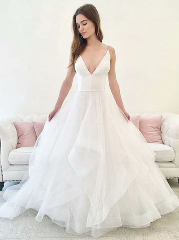 Asymmetrical Train Sleeveless Tulle A-Line V-Neck Wedding Dress