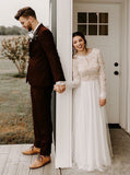 Long Sleeves Backless Lace Top A-Line Round Neck  Wedding Dress