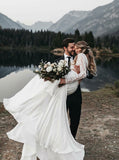 Two Piece Long Sleeves Lace Top White Chiffon Wedding Dress