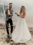 A-Line V-Neck Lace White Tulle Wedding Dress