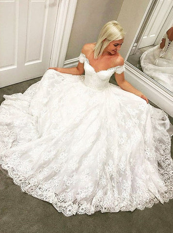 A-Line Off-the-Shoulder Long Lace-up Lace Wedding Dress