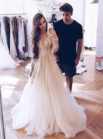 Champagne Tulle Wedding Dress with Illusion Lace Long Sleeves  Pretty  wedding dresses, Tulle wedding dress, Dream wedding dresses