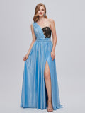 Blue Ruched One Shouler Long Prom Dress With Slit