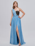 Blue Ruched One Shouler Long Prom Dress With Slit