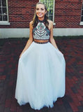 White Two Piece Halter Long Prom Dress with Embroidery