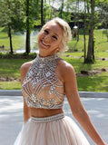 Two Piece High Neck Long Open Back Champagne Prom Dress