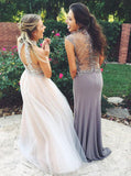 Two Piece High Neck Long Open Back Champagne Prom Dress