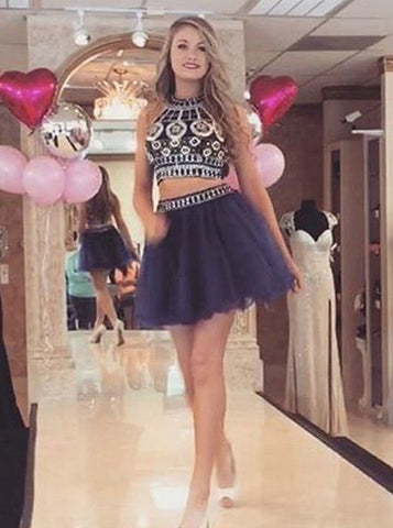 Two Piece Round Neck Short Navy Prom Dress with Beading