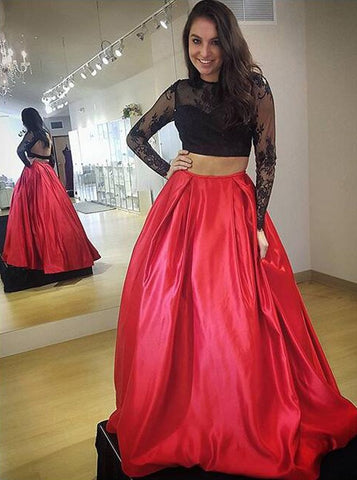 Long Sleeves Backless Red Satin Two Piece Jewel Prom Dress