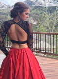 Long Sleeves Backless Red Satin Two Piece Jewel Prom Dress