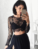 Two Piece Jewel Lace Top Long Sleeves Black Prom Dress 