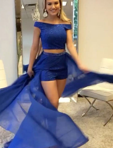 Two Piece Off-the-Shoulder Sequins Split-Side Royal Blue Prom Dress