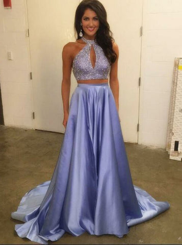Lilac Two Piece Halter Sweep Train Beading Keyhole Blue Prom Dress 