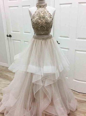 Two Piece Halter Asymmetrical Rhinestones Ivory Tulle Prom Dress