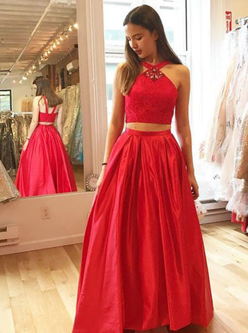 Two Piece V-Neck Rhinestones Red Satin Prom Dress