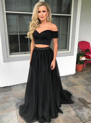 Two Piece Off-the-Shoulder Long Black Tulle Prom Dress