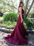 Lace Appliques Two Piece Mermaid Halter Burgundy Satin Prom Dress