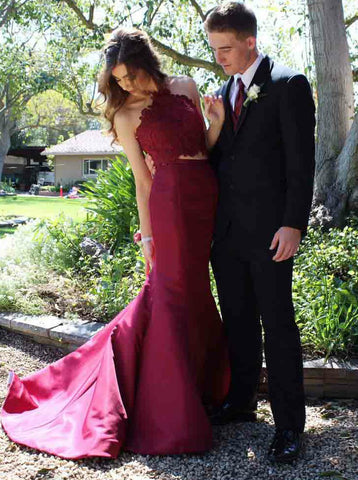 Lace Appliques Two Piece Mermaid Halter Burgundy Satin Prom Dress