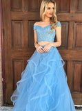 Sky Blue Tulle Two Piece Off-the-Shoulder Prom Dress with Appliques