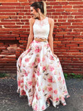 Two Piece Round Lace Top  Floral Chiffon Prom Dress