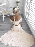 Half Sleeves Pearl Pink Lace Two Piece Strapless Prom Dress