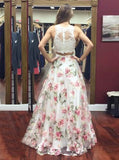 Two Piece Round Lace Top  Floral Chiffon Prom Dress