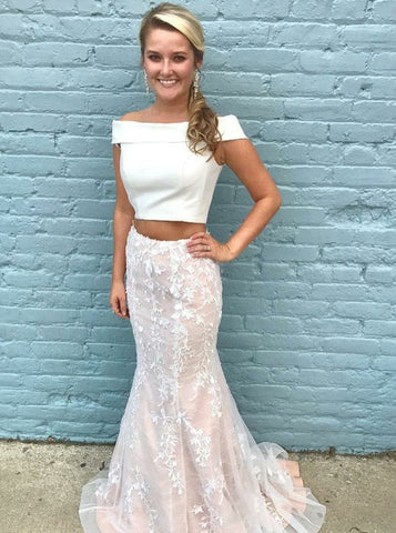 Mermaid Off-the-Shoulder Ivory Tulle Two Piece Prom Dress