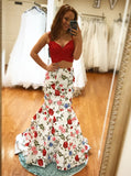 Two Piece Mermaid Spaghetti Straps Long Floral Prom Dress