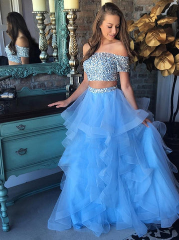 Two Piece Off-the-Shoulder Sequins Blue Tiered Tulle Prom Dress