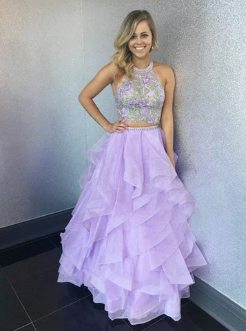 Two Piece Halter Lavender Tiered Organza Appliques Prom Dress