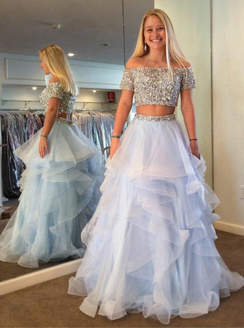 Two Piece Off Shoulder Sequins Beading Tiered Blue Tulle Prom Dress