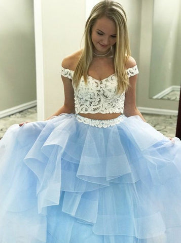 Two Piece Lace Off-the-Shoulder Tiered Blue Tulle Prom Dress