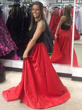 Red Split Satin Two Piece Round Neck Prom Dress with Lace