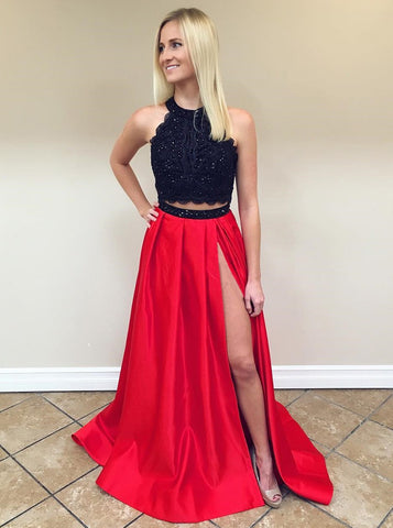 Red Split Satin Two Piece Round Neck Prom Dress with Lace